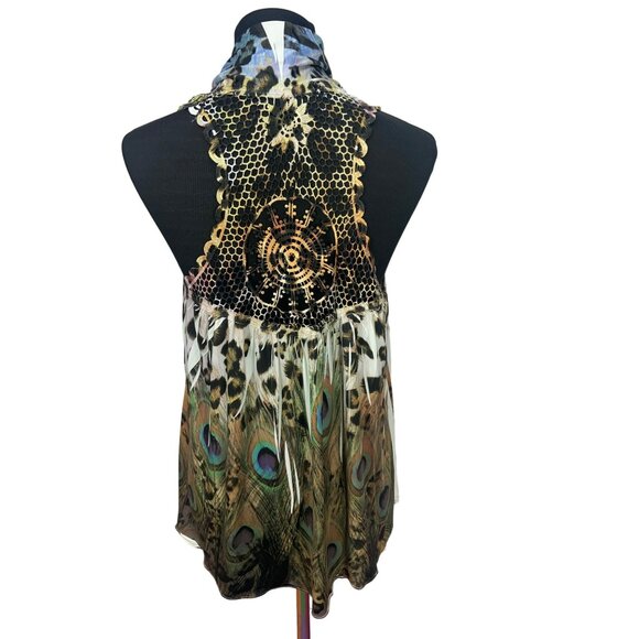 Reina Peacock & Animal Print Sleeveless Cardigan‎ Open Knit Detail Size Large - Picture 3 of 13